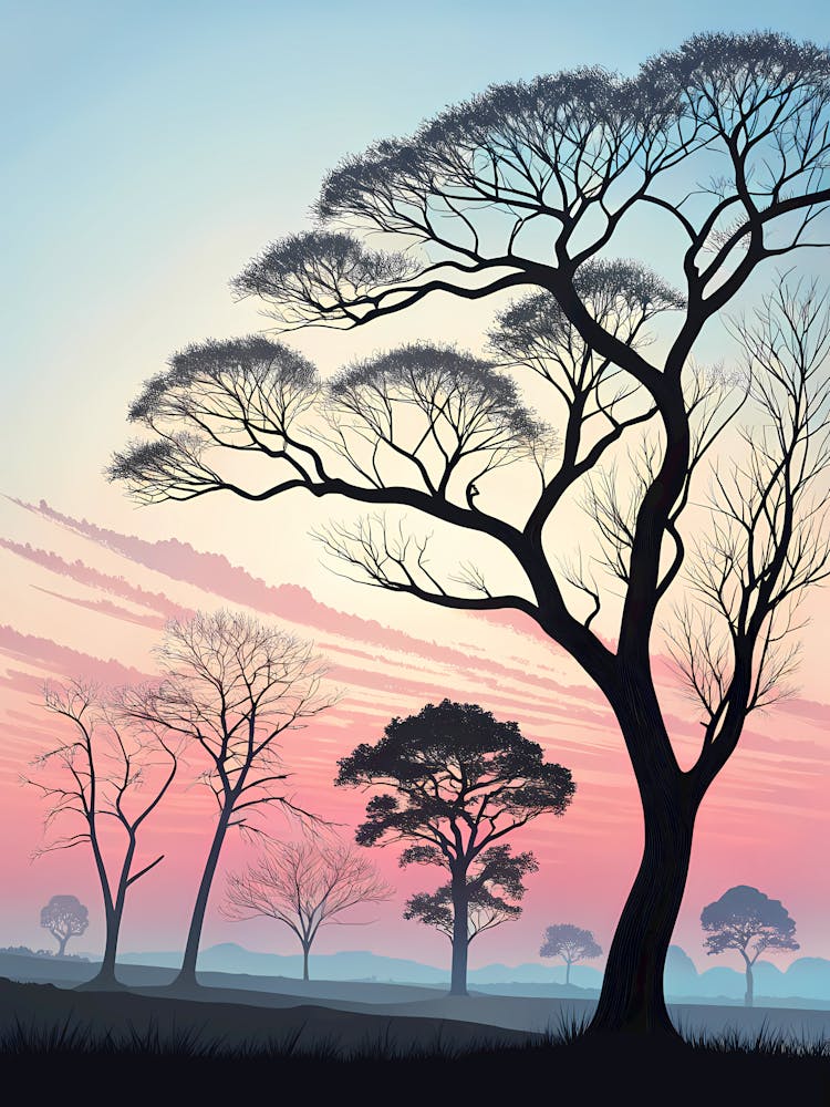 Abstract Tree Silhouettes Against Pale Dusk Sky