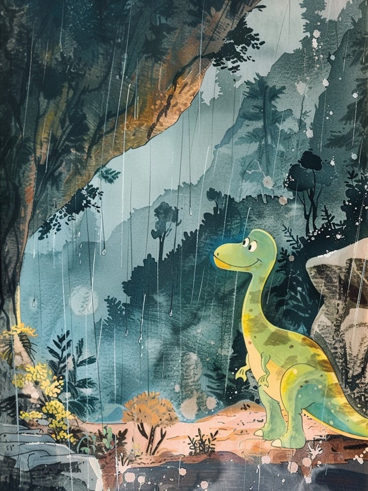 Dinosaur Sheltering From The Rain Storybook Style 2