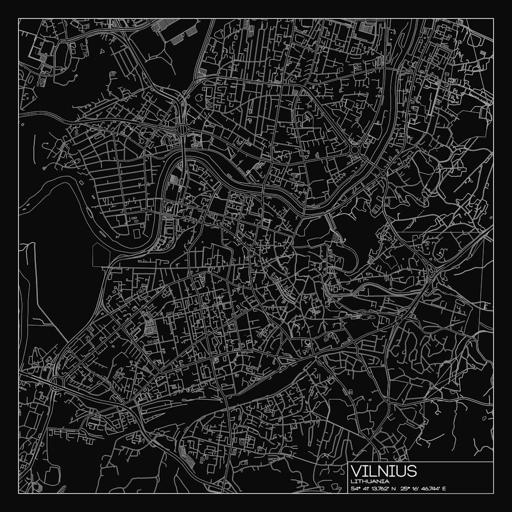 Vilnius, Lithuania, City Map White On Black Blueprint Design