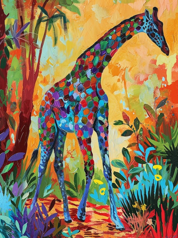 Colourful Giraffe In The Leaves Illustration 5