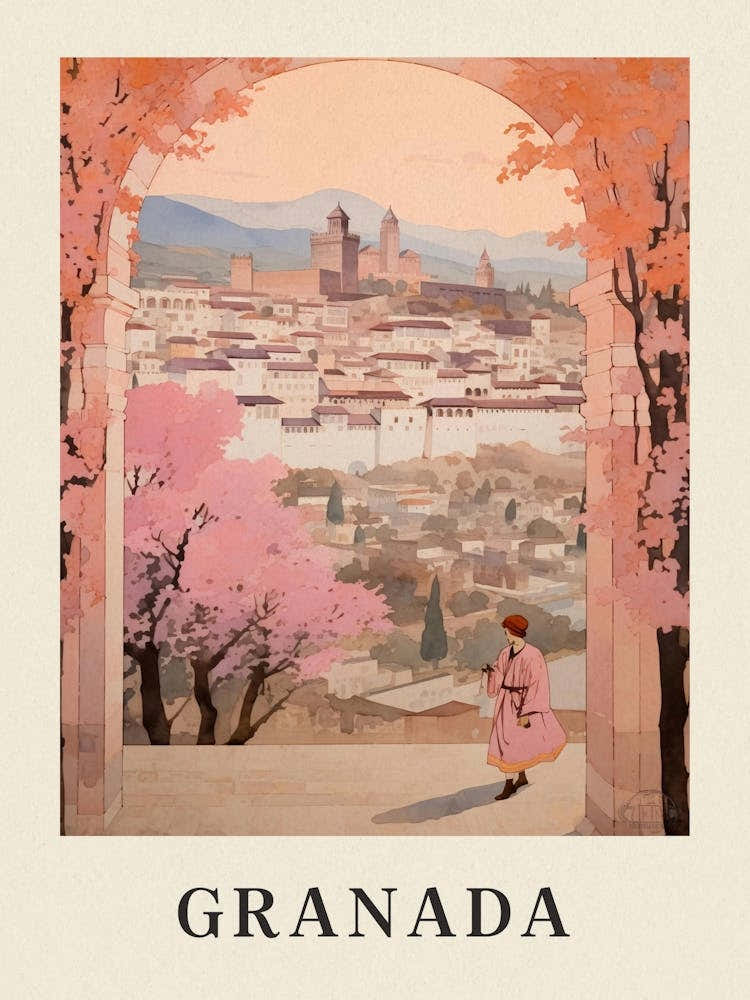 Granada Spain 4 Vintage Pink Travel Illustration Poster