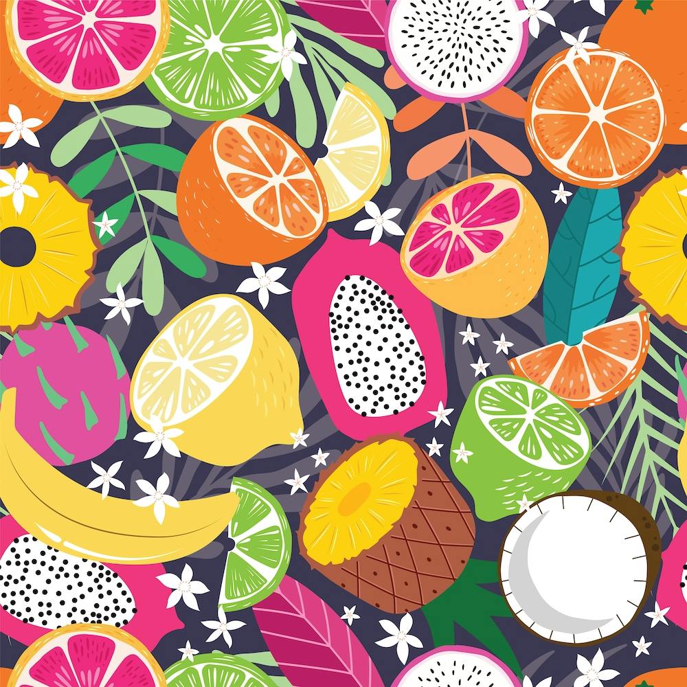 Motif Fruits Tropicaux sur Carré Violet Foncé