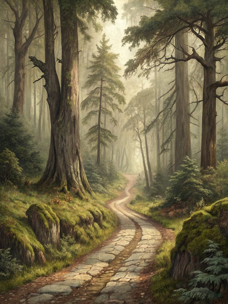 Oil Painting Style Rustic Path Into Dense Old