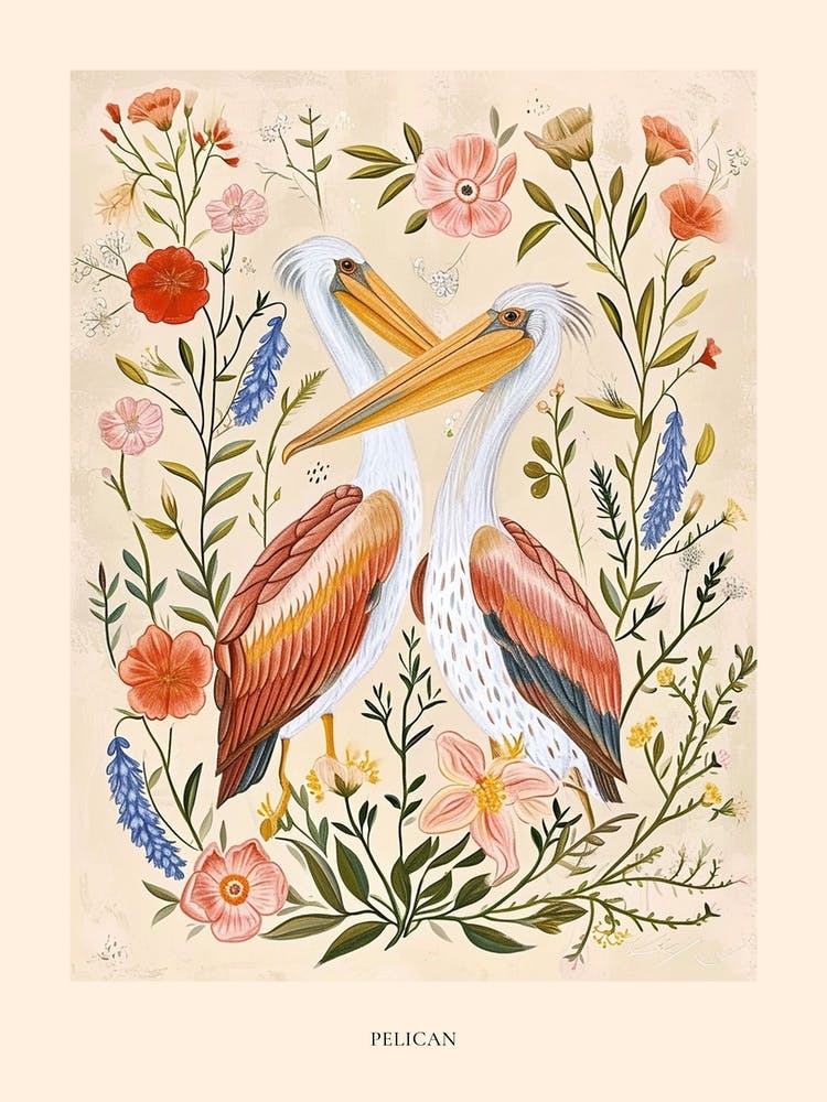 Folksy Floral Animal Drawing Pelican Poster