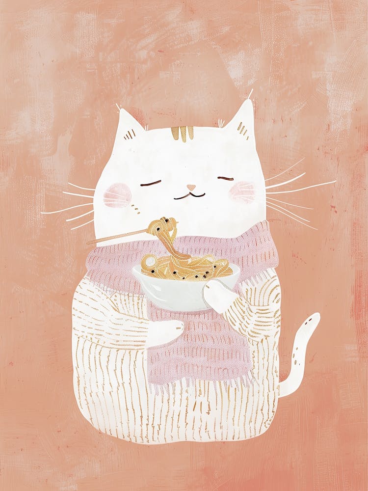 Gemütliche Katze Pasta-Liebhaber Folk-Illustration 1