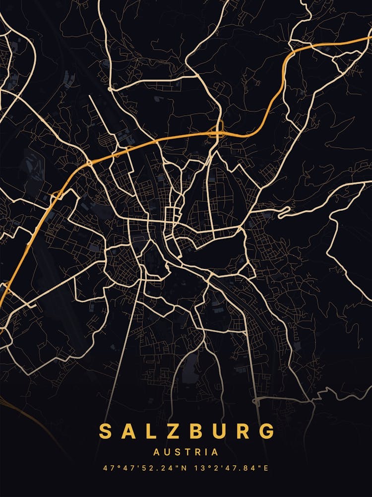 Salzburg Austria Black And Gold Map