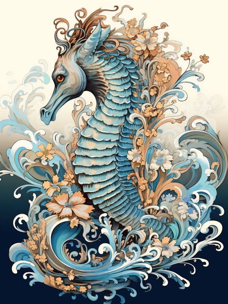 Seahorse Animal Drawing In The Style Of Ukiyo E 3