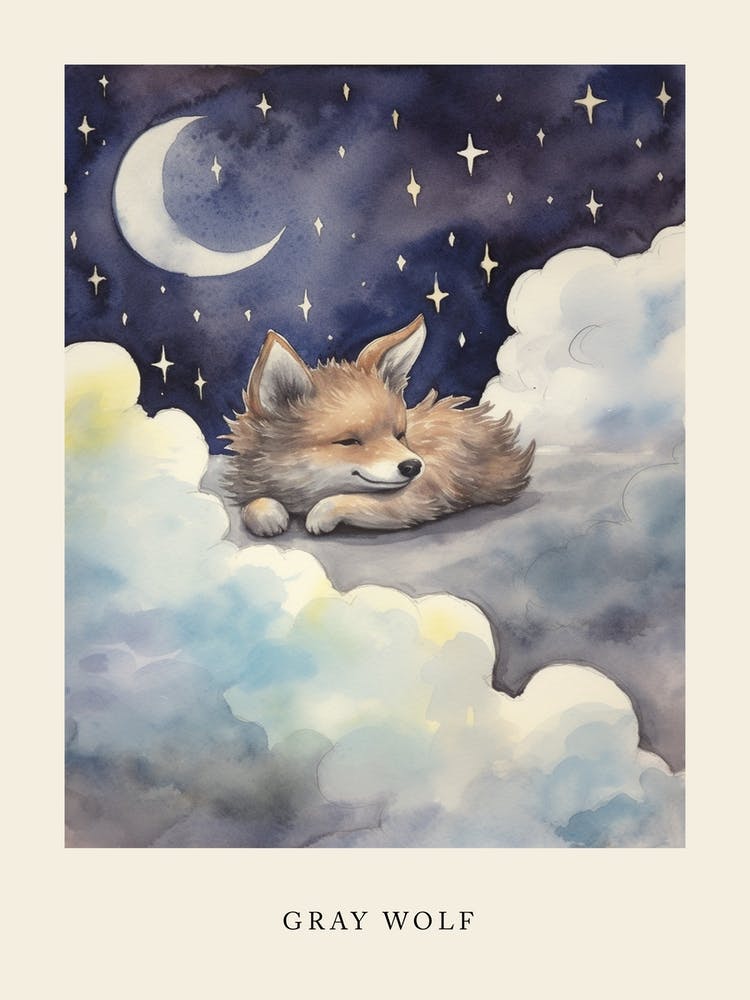 Baby Gray Wolf 2 Sleeping In The Clouds Nursery Poster