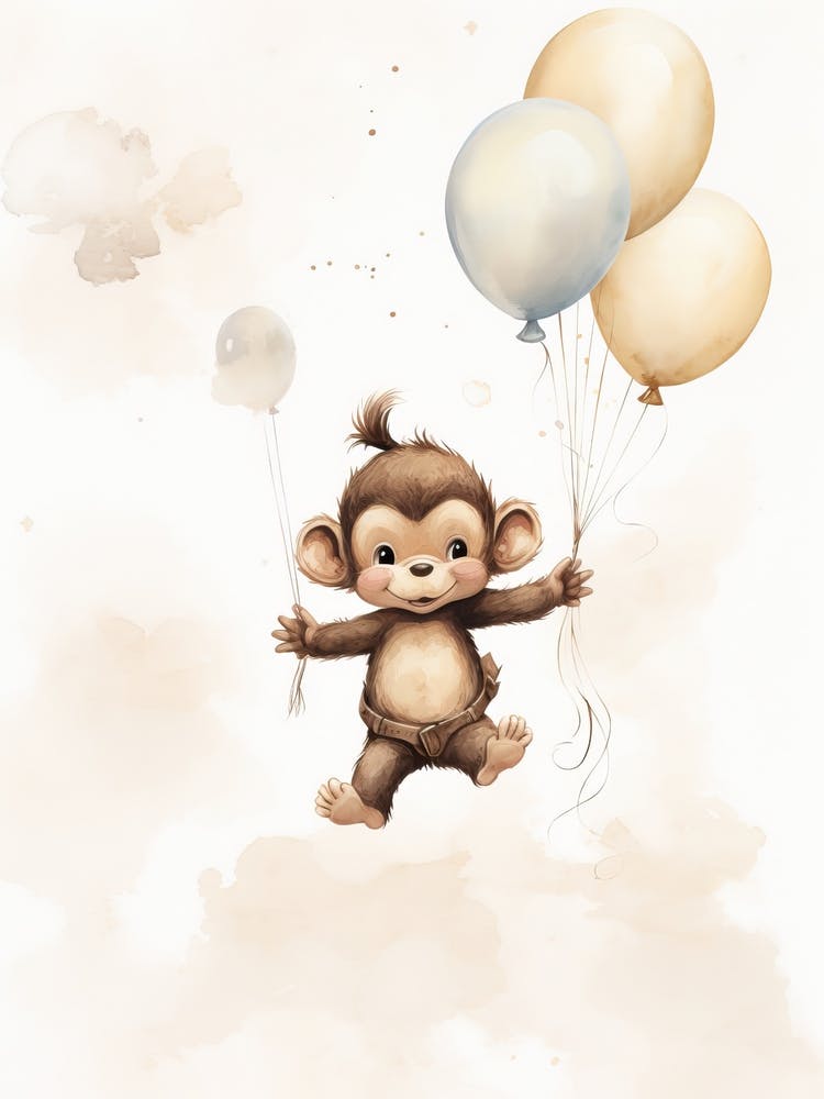 Baby Monkey Flying With Ballons, Watercolour Nursery Art 3