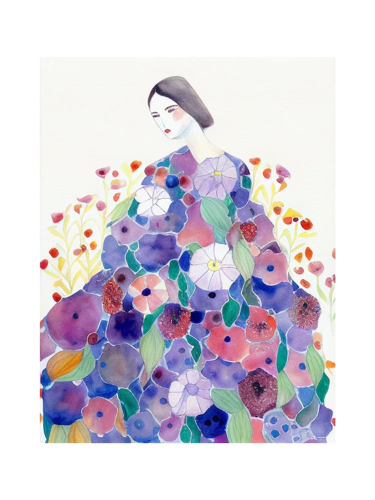 Lady In A Flower Dress Watercolour