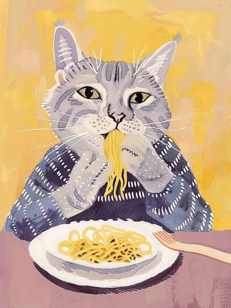 Grey Cat Eating Pasta Folk Illustration 1