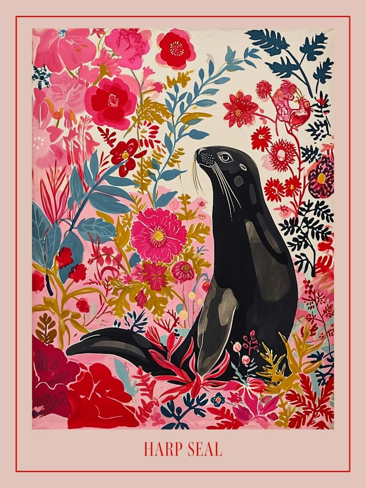 Floral Animal Painting Harp Seal 3 Poster