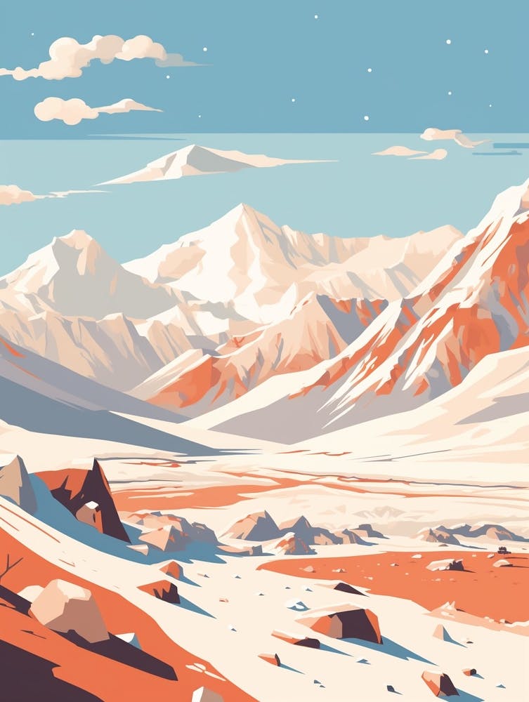 Vintage Winter Travel Illustration Pamir Mountains Tajikistan 1