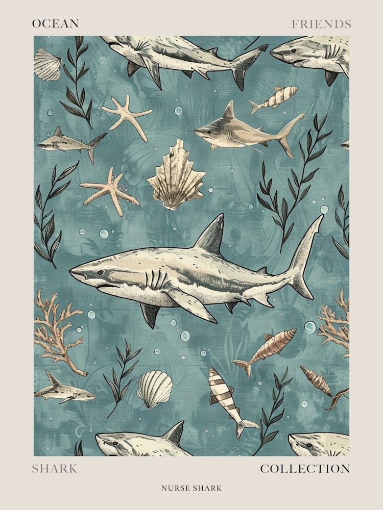 Pastel Blue Nurse Shark Watercolour Seascape Pattern 2 Poster