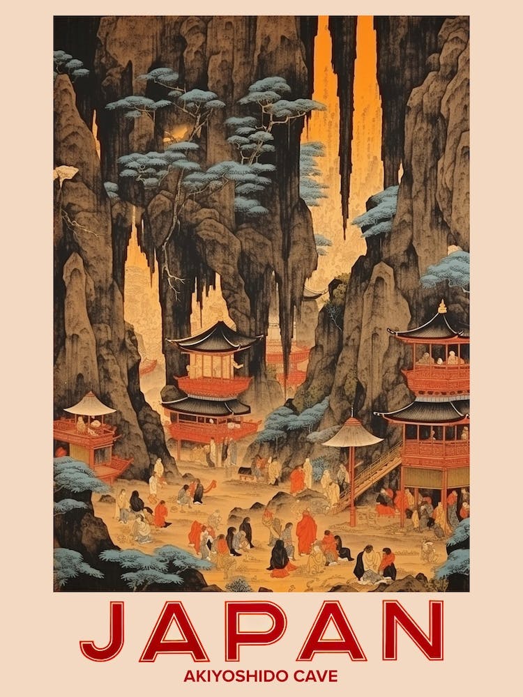 Akiyoshido Cave, Visit Japan Vintage Travel Art 2