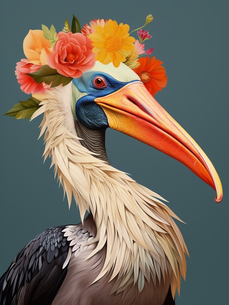 Oiseau avec une couronne de fleurs Pélican brun 3