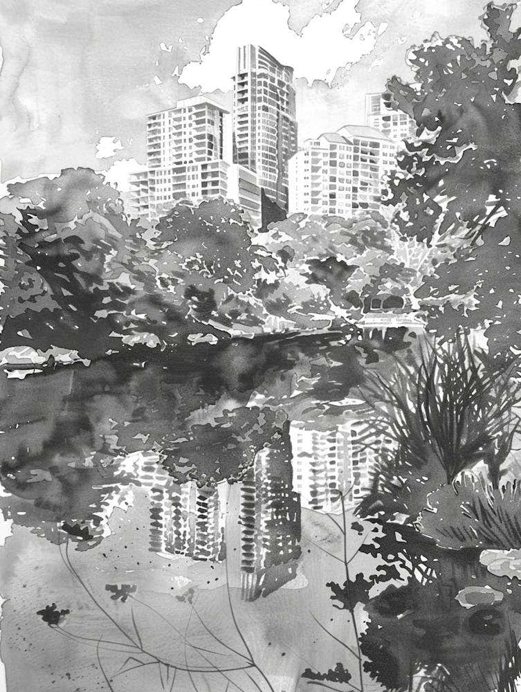 Laguna Gloria Austin Texas Black And White Watercolour 2