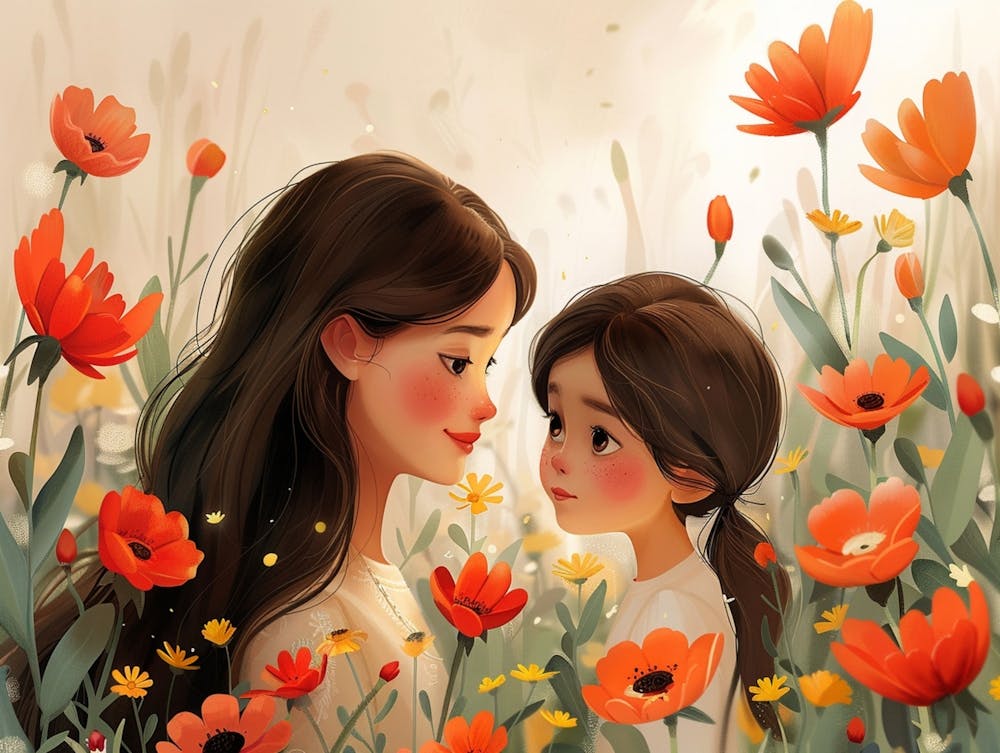 Illustration For Mothers Day, Colorful, Cartoon, Disney Style, Pixar Style,