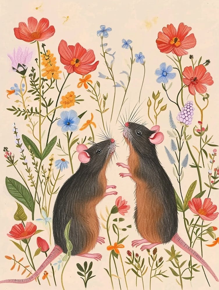 Folksy Floral Animal Drawing Mouse 4