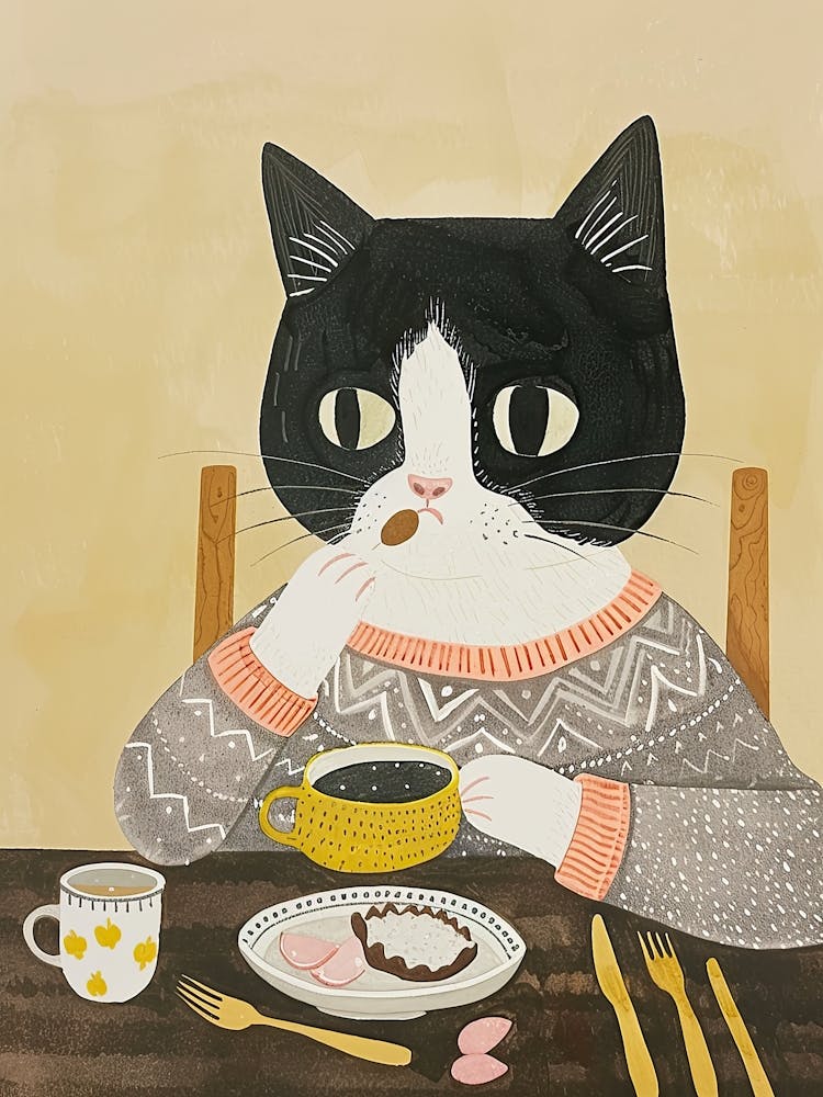 Grey Cat Having Breakfast Folk Illustration 1