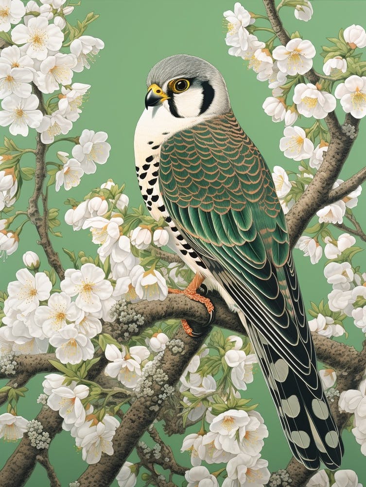 Ohara Koson Inspired Bird Painting American Kestrel 3