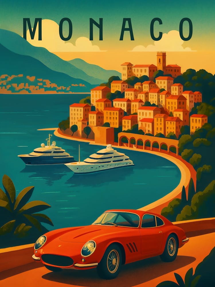 Monaco Travel Poster – Luxury Riviera with Cars and Yachts: This glamorous travel poster features Monaco’s coastline with vintage sports cars, seaside villages, and yachts under a Mediterranean sunset. Perfect for fans of luxury, French-Italian charm, and