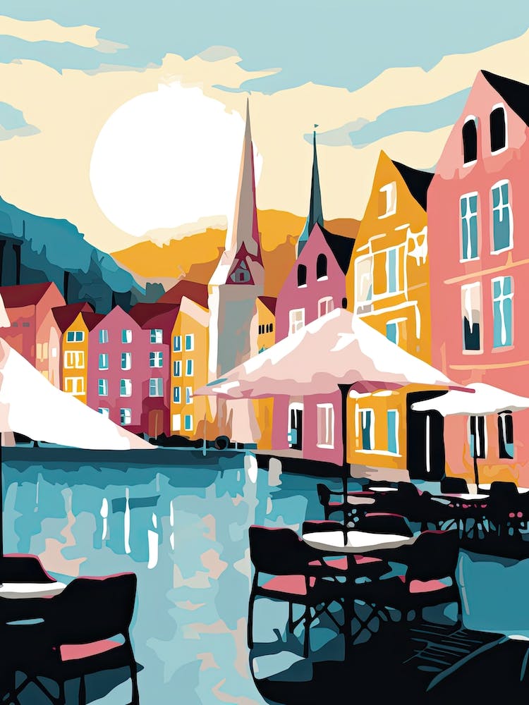 Bergen, Norway, Flat Pastels Tones Illustration 3