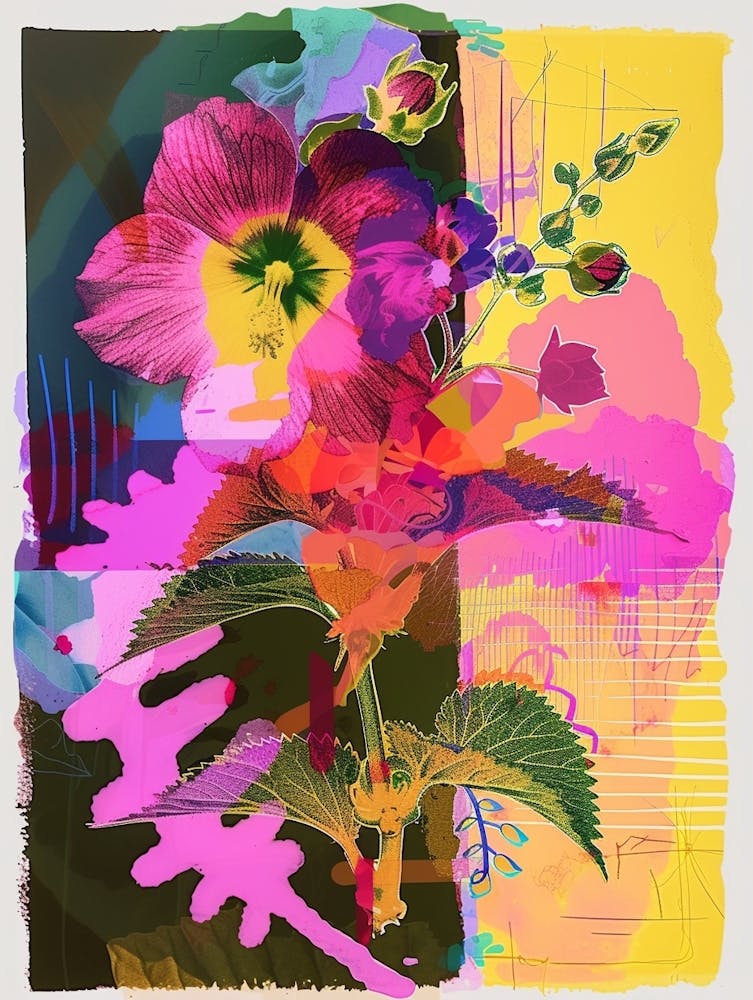 Hollyhock 3 Neon Flower Collage