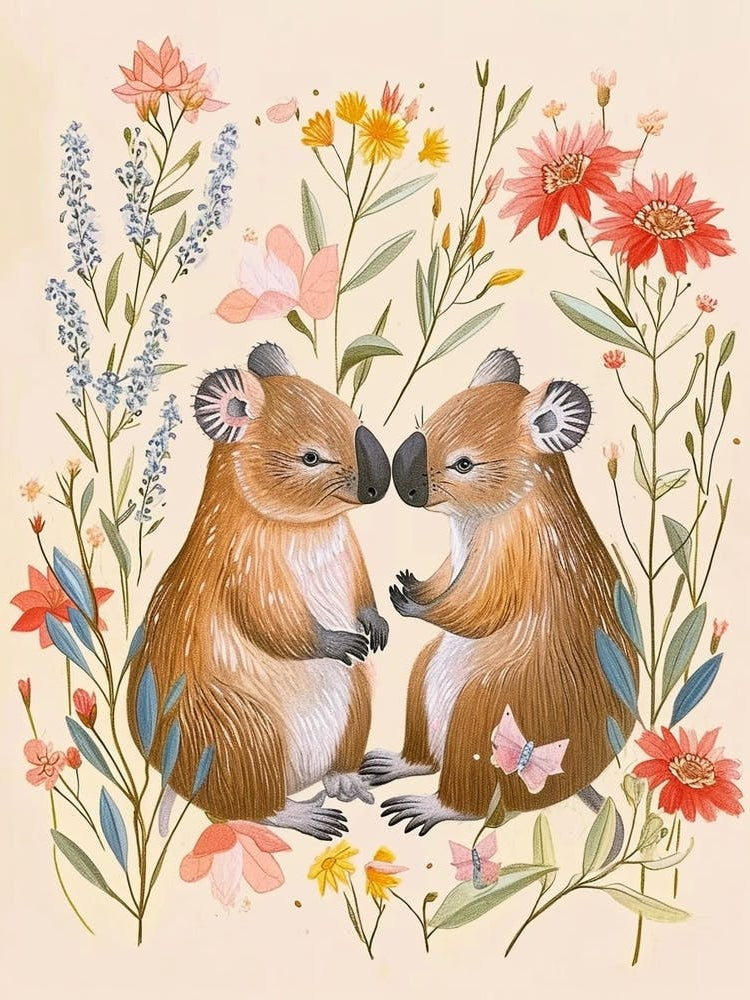 Folksy Floral Animal Drawing Wombat 4