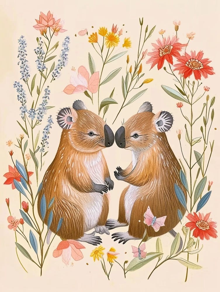 Folksy Floral Animal Drawing Wombat 4