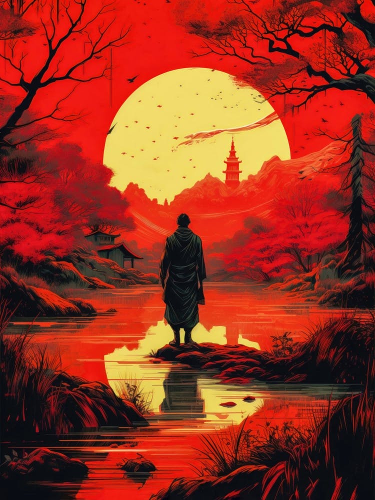Japan Warrior Samurai Sunset Painting