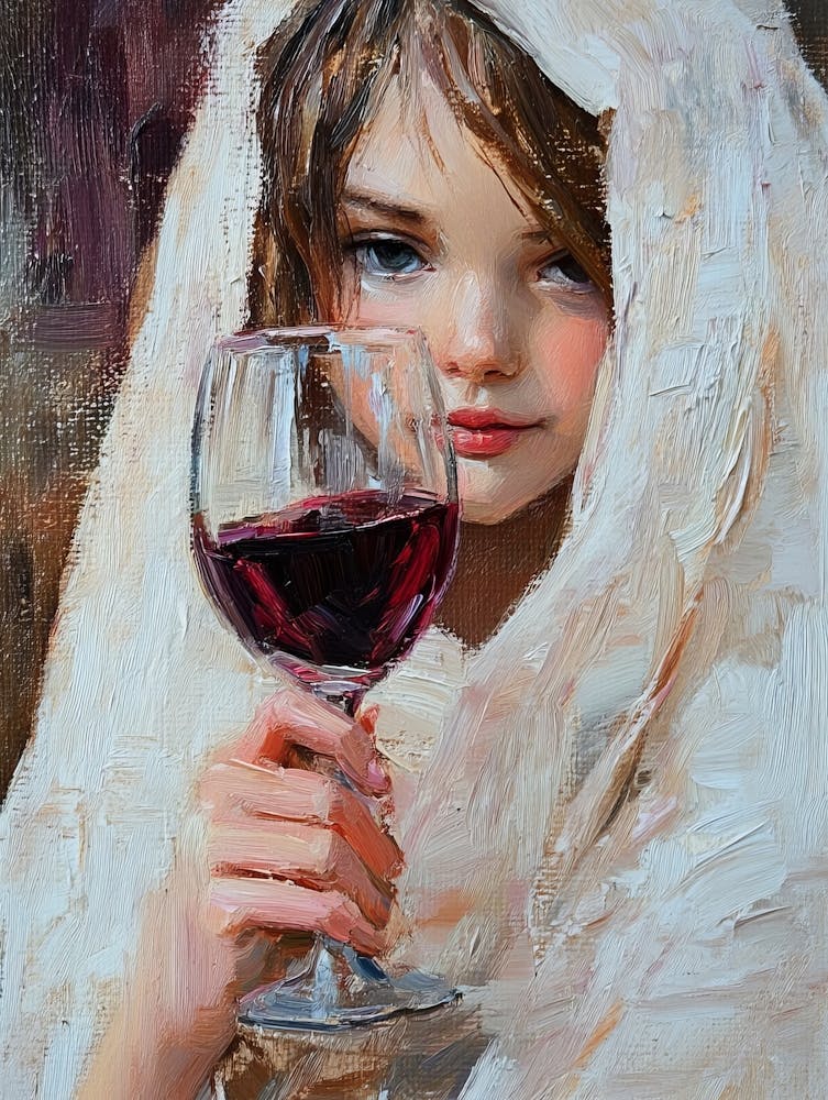 A Young Girl Wrapped In A Sheet Drinks Red Wine In A Glass