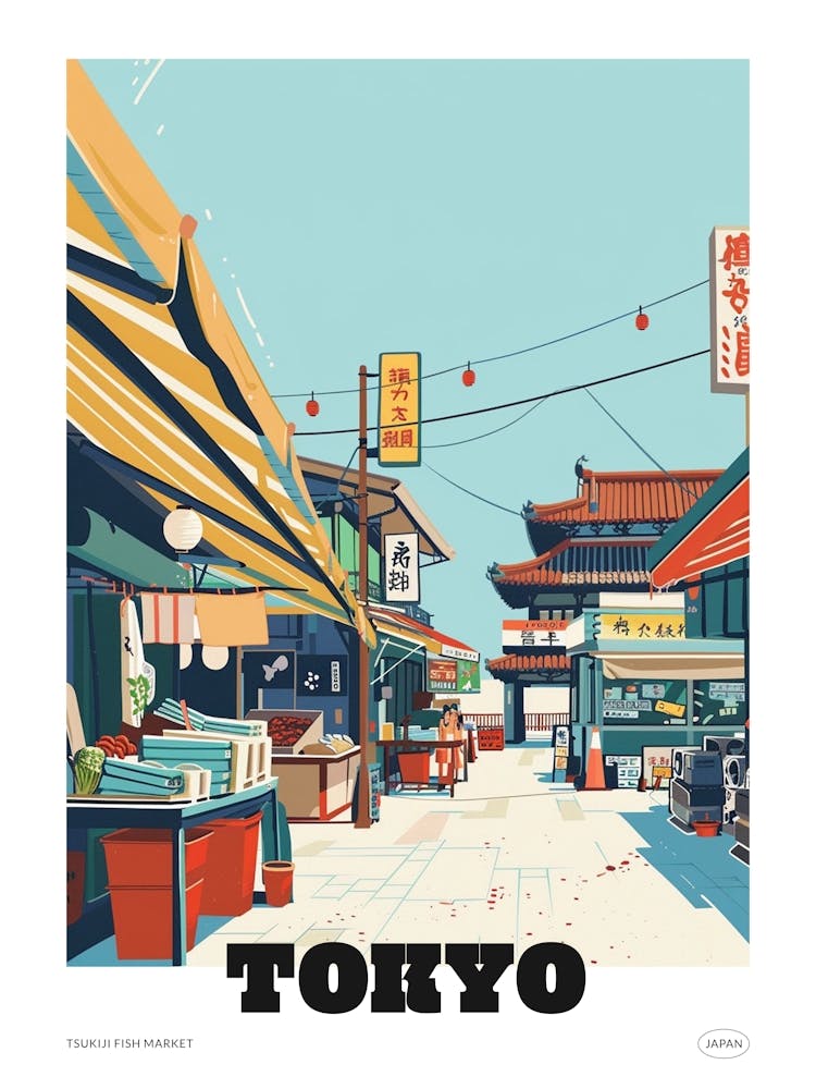 Tsukiji Fish Market Tokyo 2 Colourful Illustration Poster