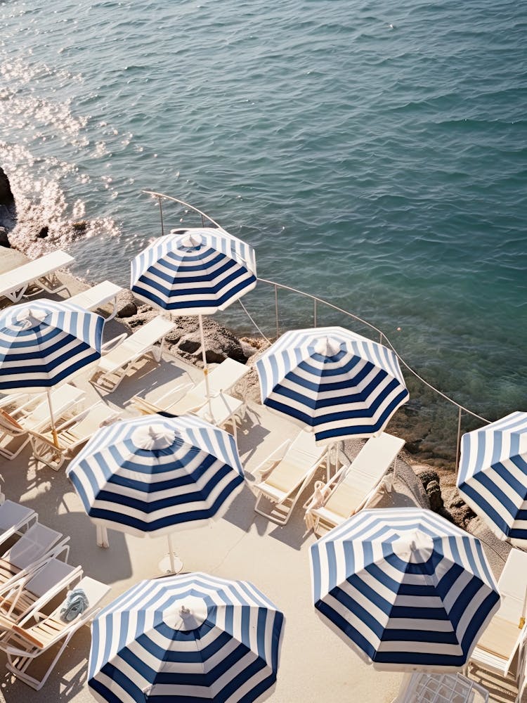 Blue And White Beach Umbrellas View Summer Vintage Photography
