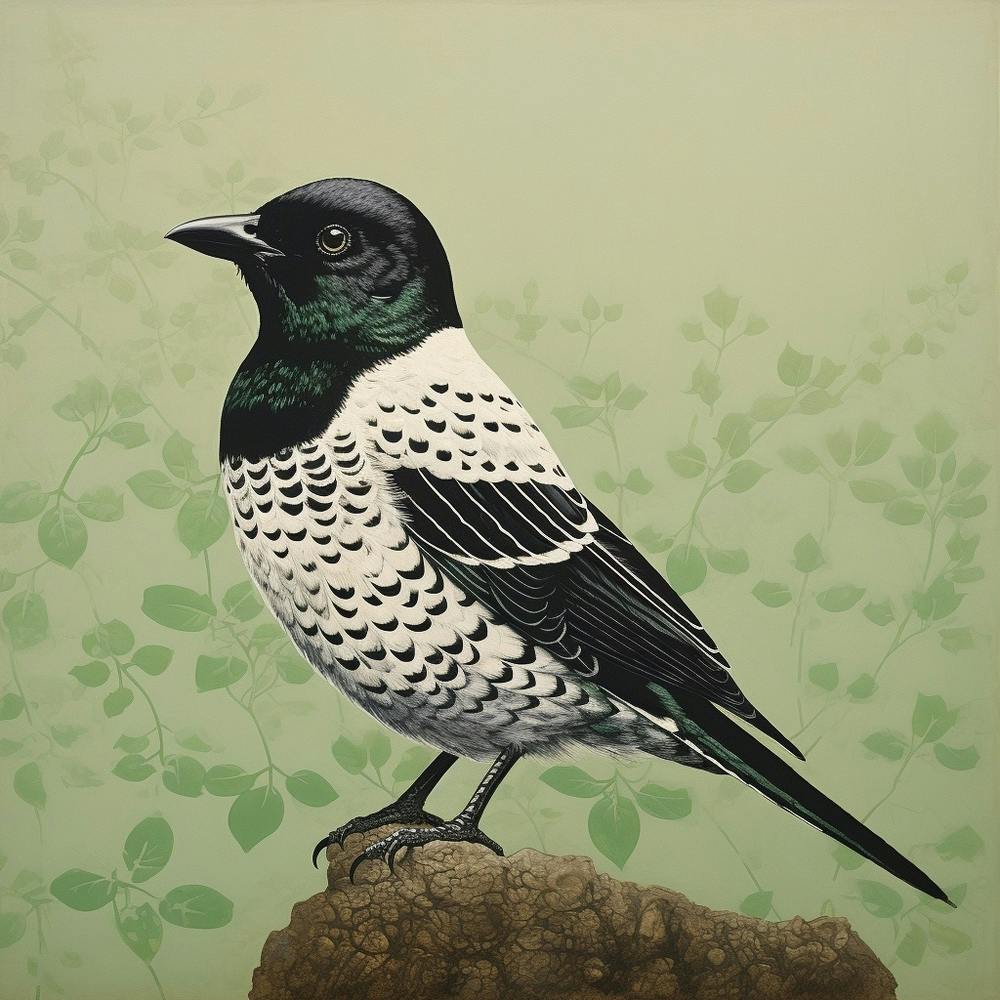 Ohara Koson Inspired Bird Painting Cowbird 3 Square