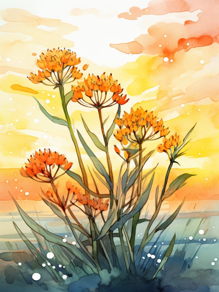 Butterfly Weed Wildflower With Sunset In Watercolor Style (2)