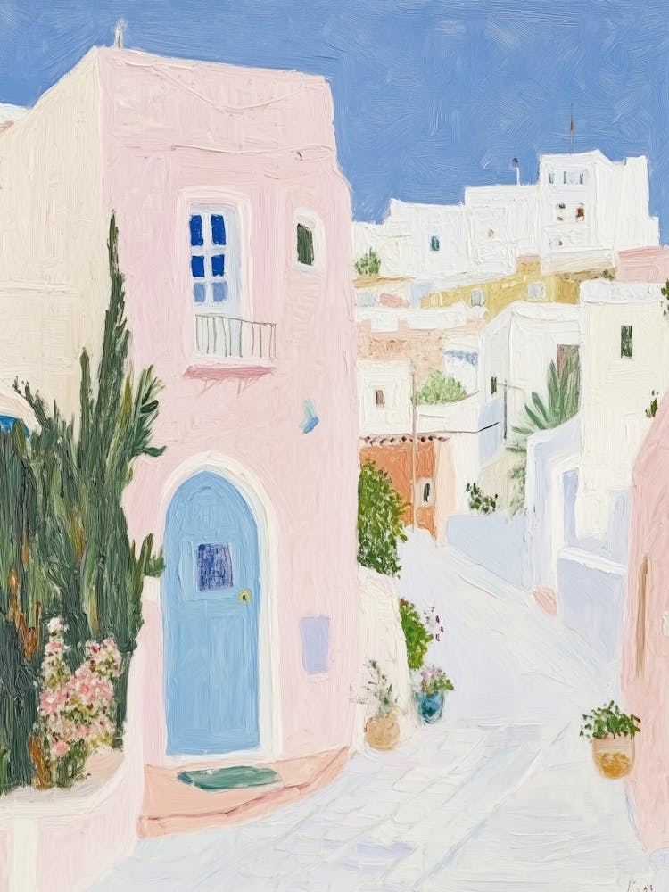 Travel Art Morocco Streets View Pink Houses Painting