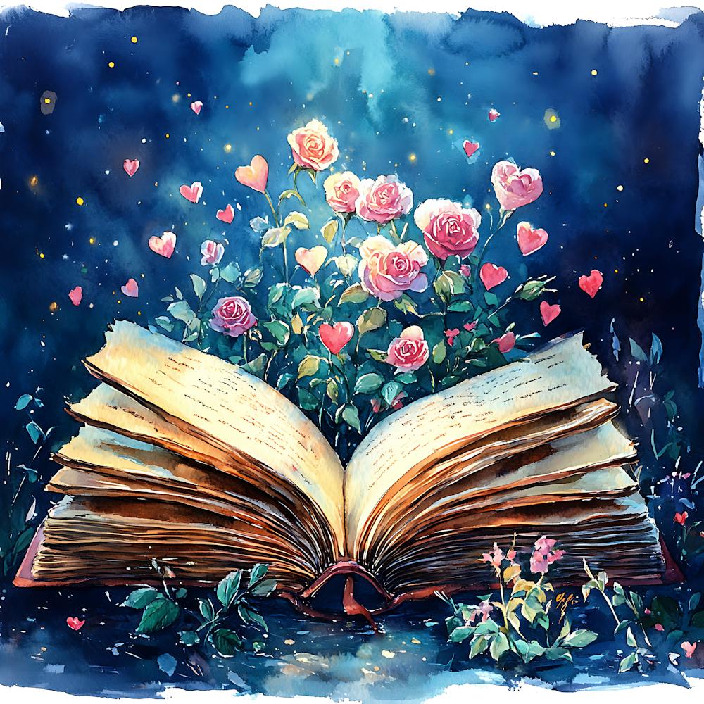Watercolor Romantic Book Roses Hearts 1