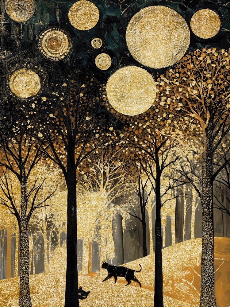 Klimt Inspired Night Forest Art With Cats, Trees And Moons, Whimsical Nightscape Abstract Woodland Gold Leaf Mixed Media Artwork, Surreal Nature Wall Art for Living Room, Bedroom, Office Luxe Interior