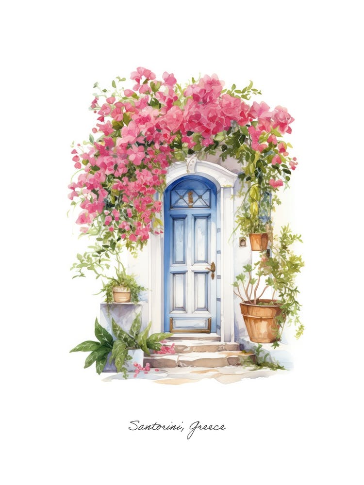 Santorini, Grèce   Portes Méditerranéennes Aquarelle 5 Affiche
