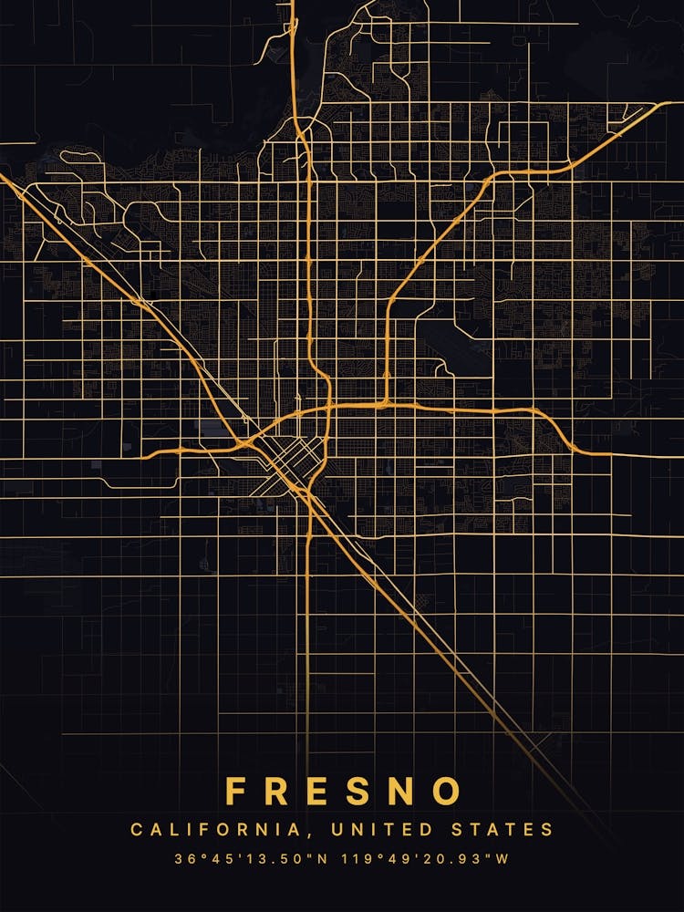 Fresno California USA Black And Gold Map