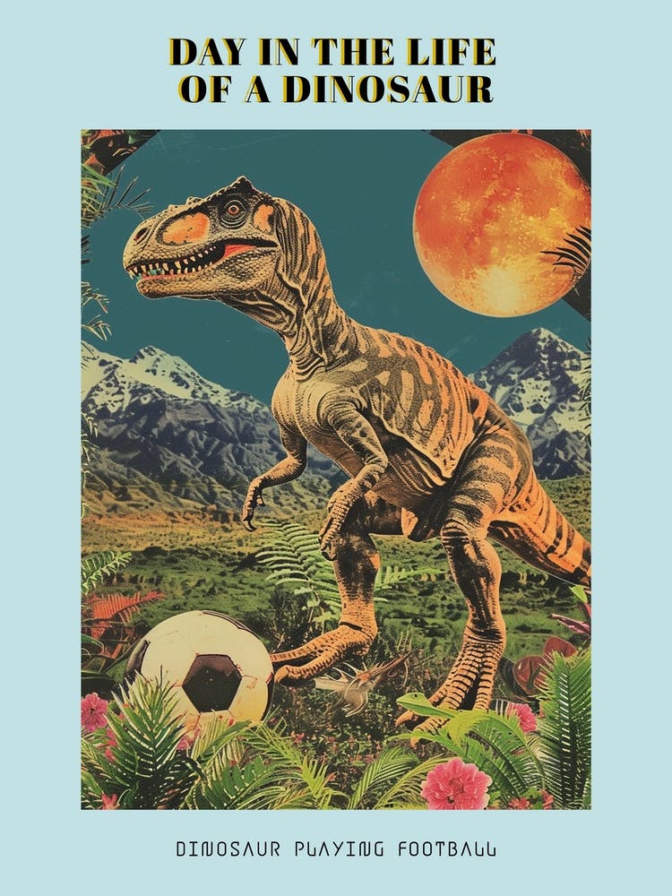 Dinosaur Playing Football Abstract Retro Collage 3 Poster
