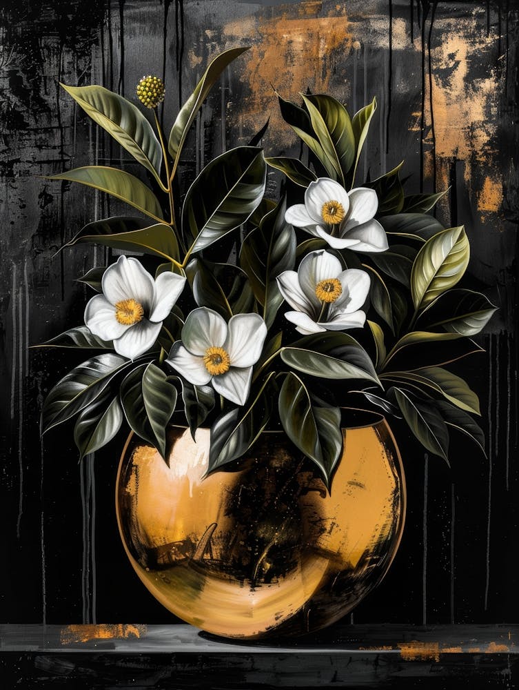 Gold Vase With White Flowers