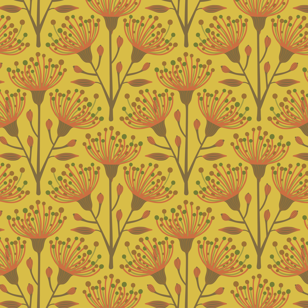 AUSTRALIAN EUCALYPTUS Floral Botanical in Deep Yellow Earthy Brown Olive Green