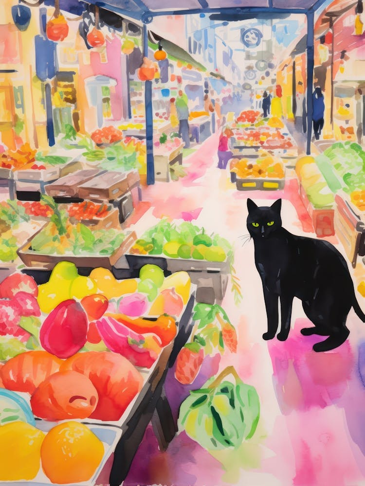 Food Market With Cats In Honolulu 3 Watercolour