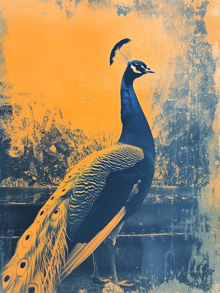 Orange & Blue Peacock By The Fountain