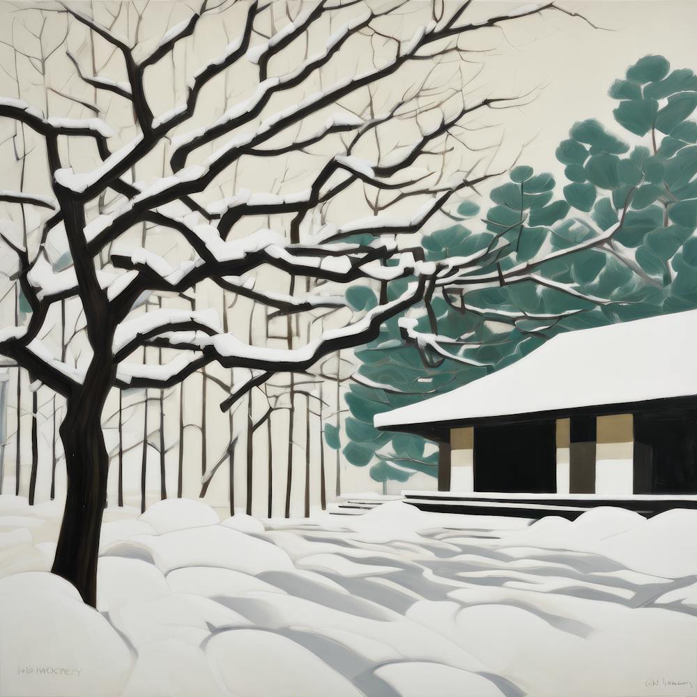 Japanese Zen Garden in Winter Series. Style of David Hockney 1