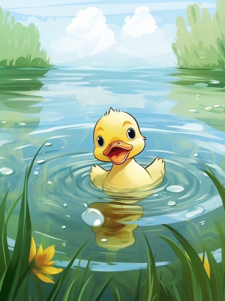 Cute Cartoon Duckling Swimming In The Pond 3