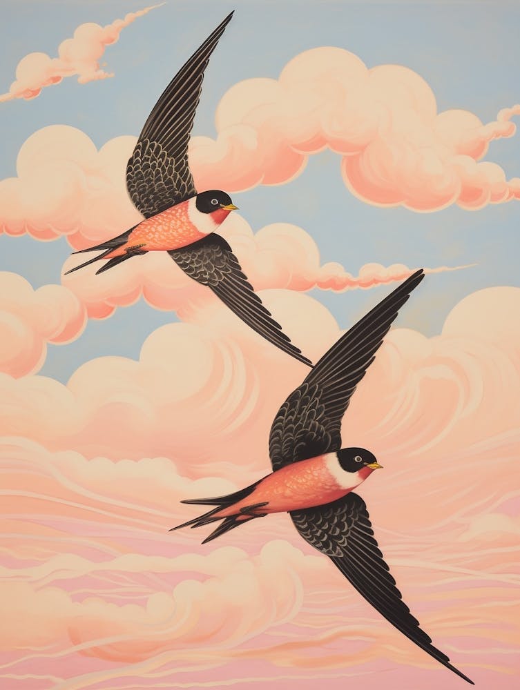 Vintage Japanese Inspired Bird Print Barn Swallow 2