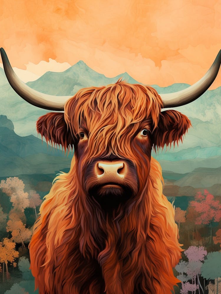Print Style Highland Cow Orange Sky